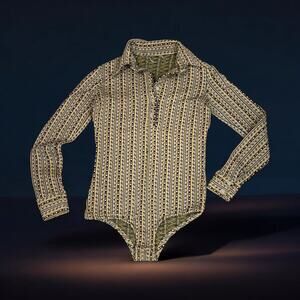 Vintage 1970s Collared Bodysuit – Button Front, Snap Closure – S/M Estimate
